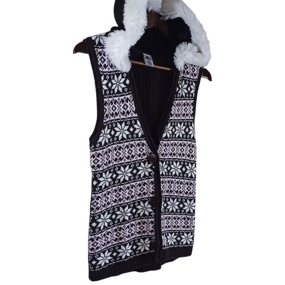 Miss Attitude Fair Isle Fur Trimmed Hooded Knit Brown Pink Girls L Sweater Vest - Picture 3 of 7